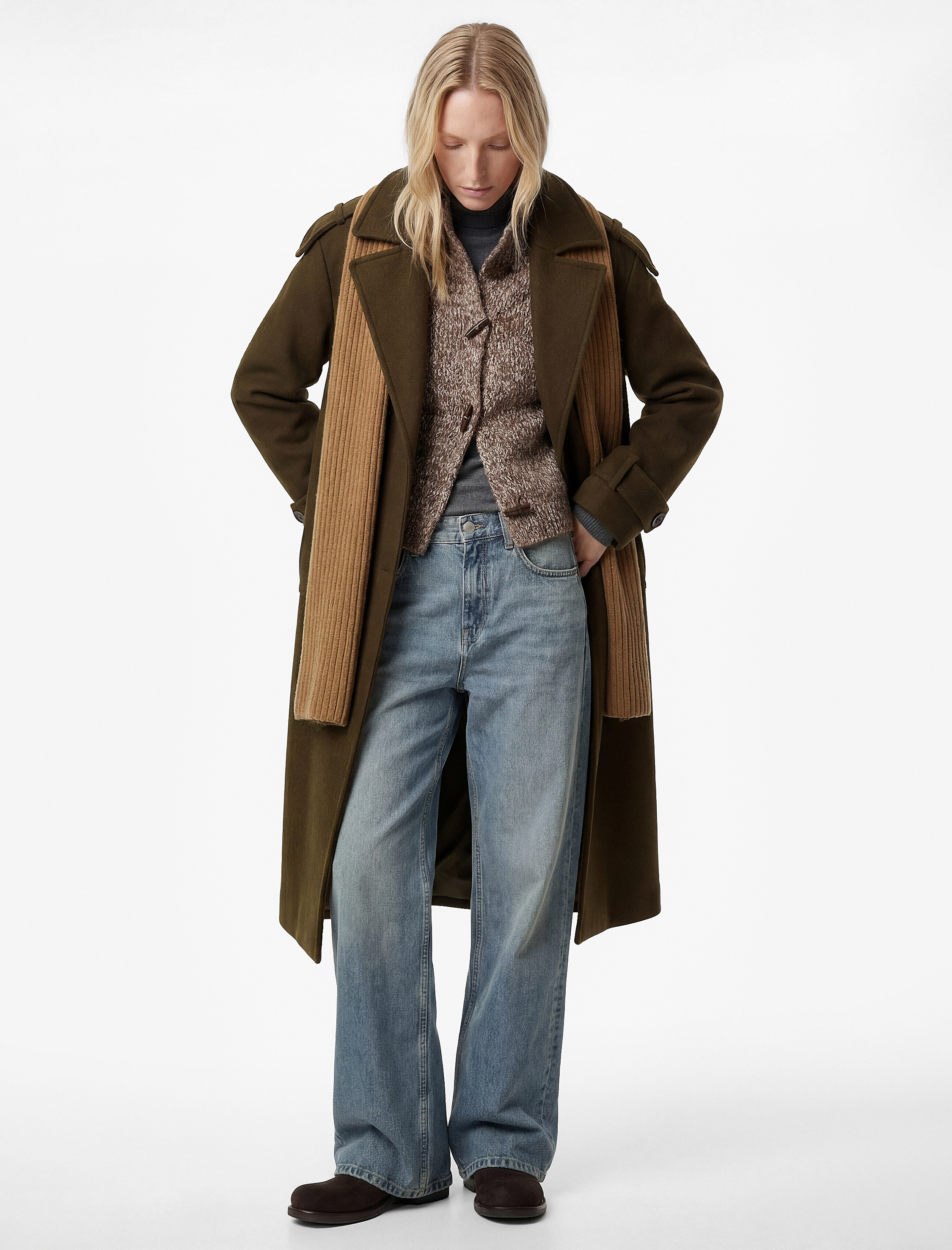   Kemerli Trenç Kaban Kaşe Kruvaze Düğmeli Uzun Kollu