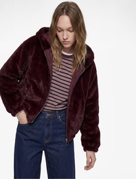 Uzun Kollu Kapüşonlu Fermuarlı Suni Kürk Crop Ceket