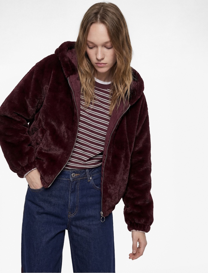  Uzun Kollu Kapüşonlu Fermuarlı Suni Kürk Crop Ceket