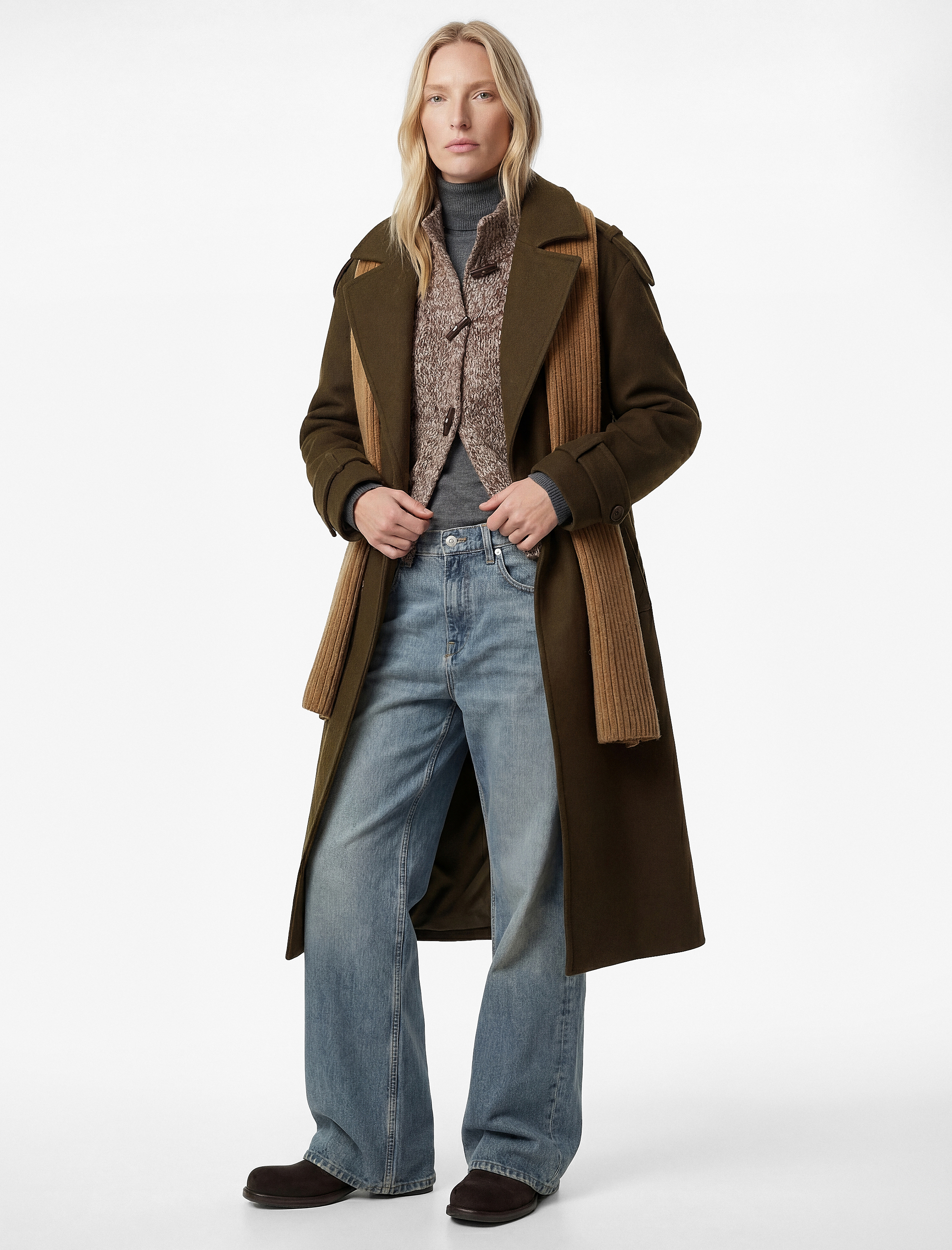   Kemerli Trenç Kaban Kaşe Kruvaze Düğmeli Uzun Kollu