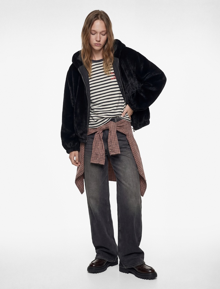  Kapüşonlu Fermuarlı Suni Kürk Ceket