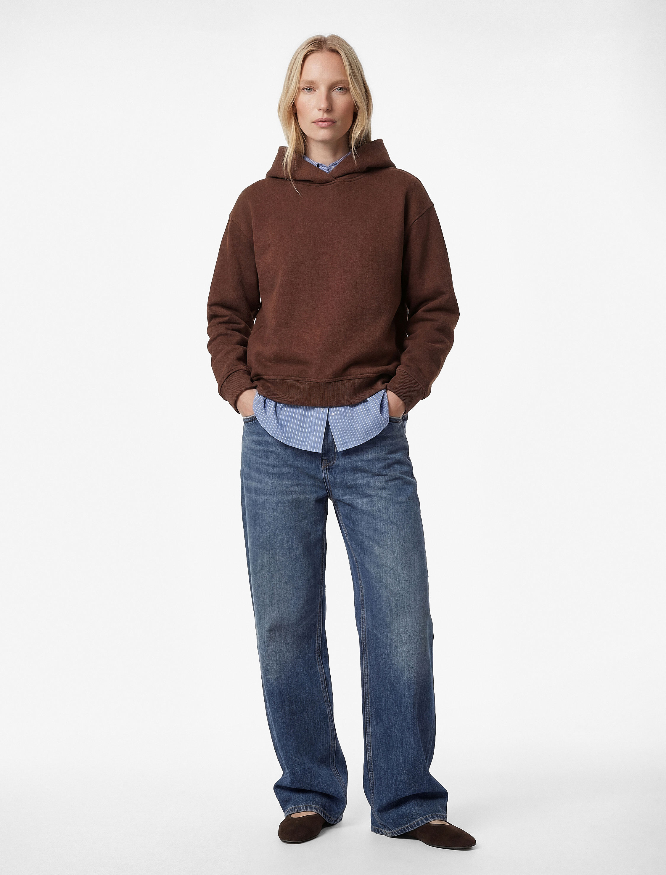   Üç İplik Şardonlu Uzun Kollu Kapüşonlu Basic Sweatshirt