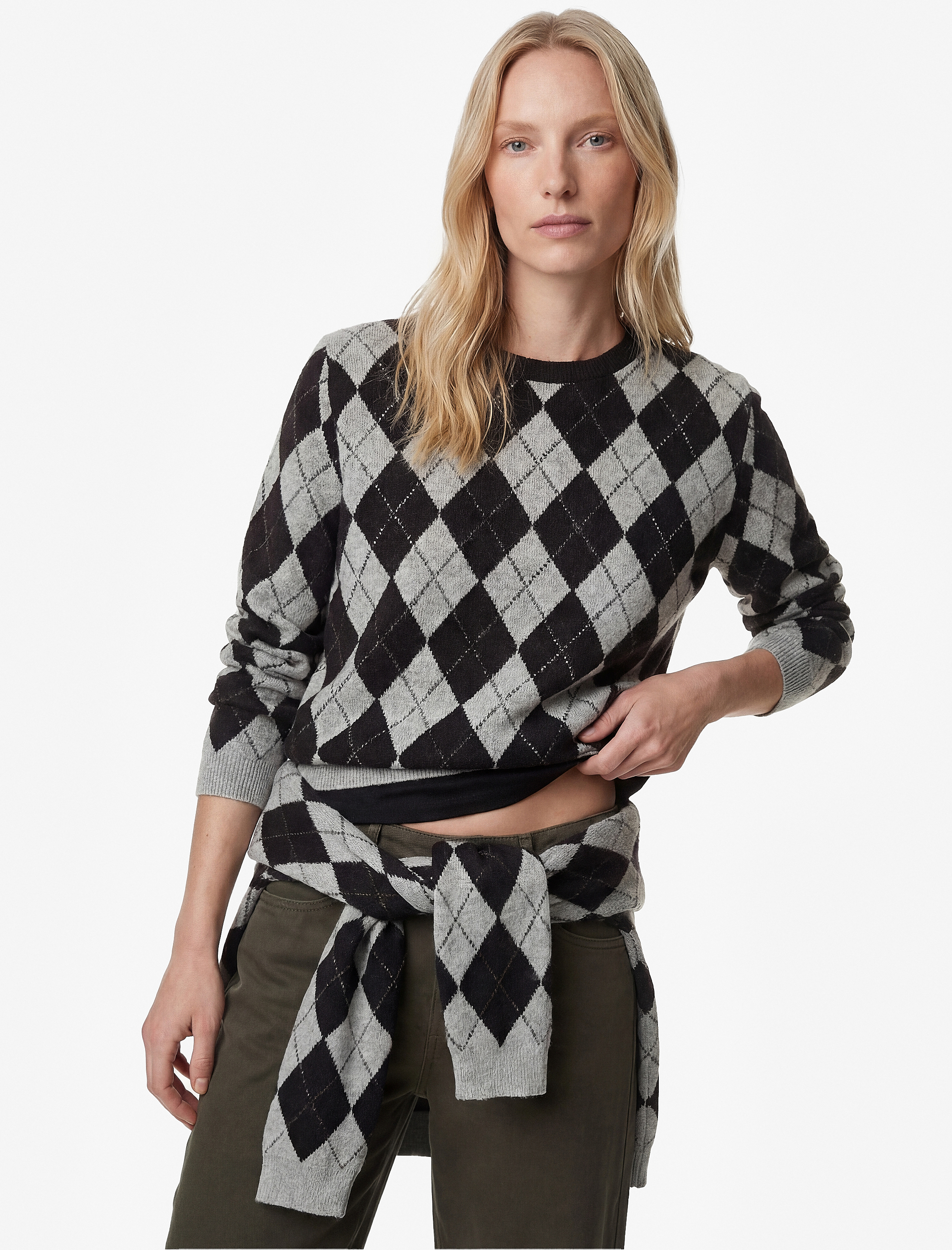   Uzun Kollu Bisiklet Yaka Baklava Desenli Taş Detaylı Triko Kazak