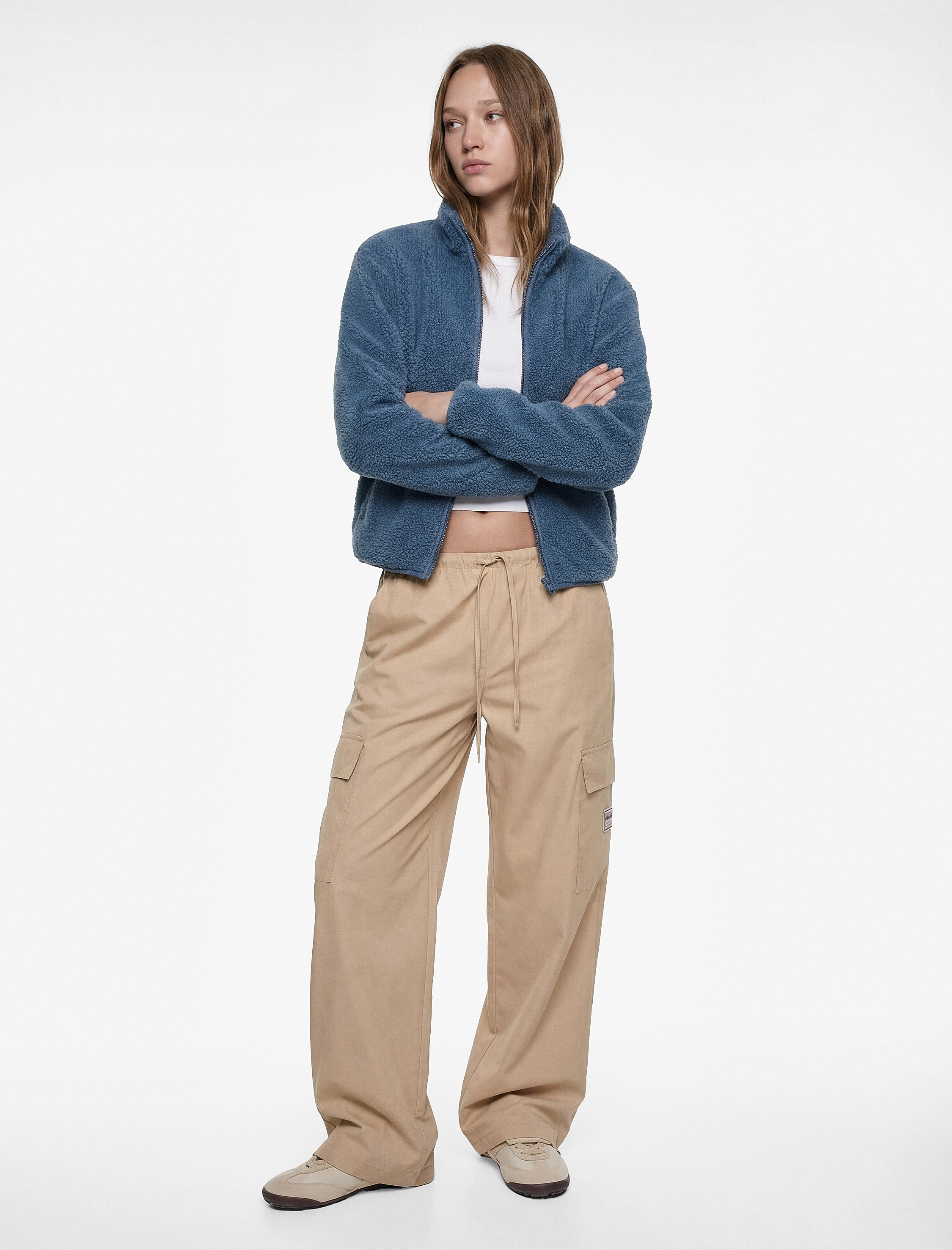   Dik Yaka Uzun Kollu Cepli Fermuarlı Oversize Peluş Bomber Ceket