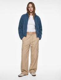 Dik Yaka Uzun Kollu Cepli Fermuarlı Oversize Peluş Bomber Ceket