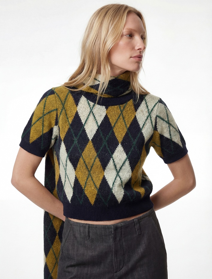  Kısa Kollu Bisiklet Yaka Baklava Desenli Triko Kazak