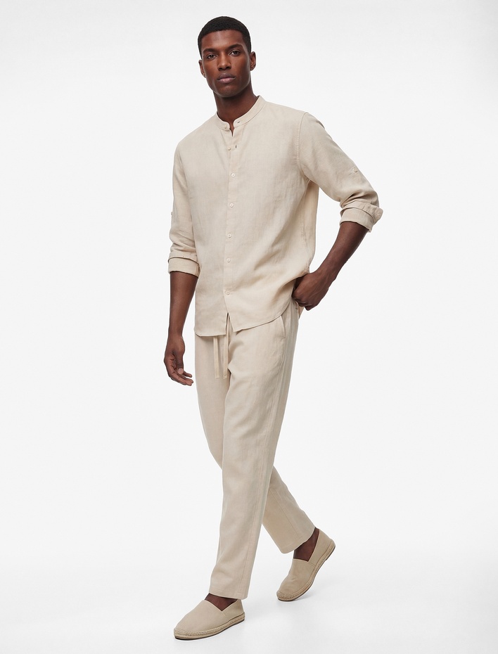  Regular Fit Uzun Kollu Düğmeli Hakim Yaka Keten Gömlek