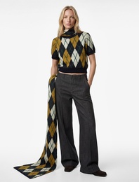 Kısa Kollu Bisiklet Yaka Baklava Desenli Triko Kazak