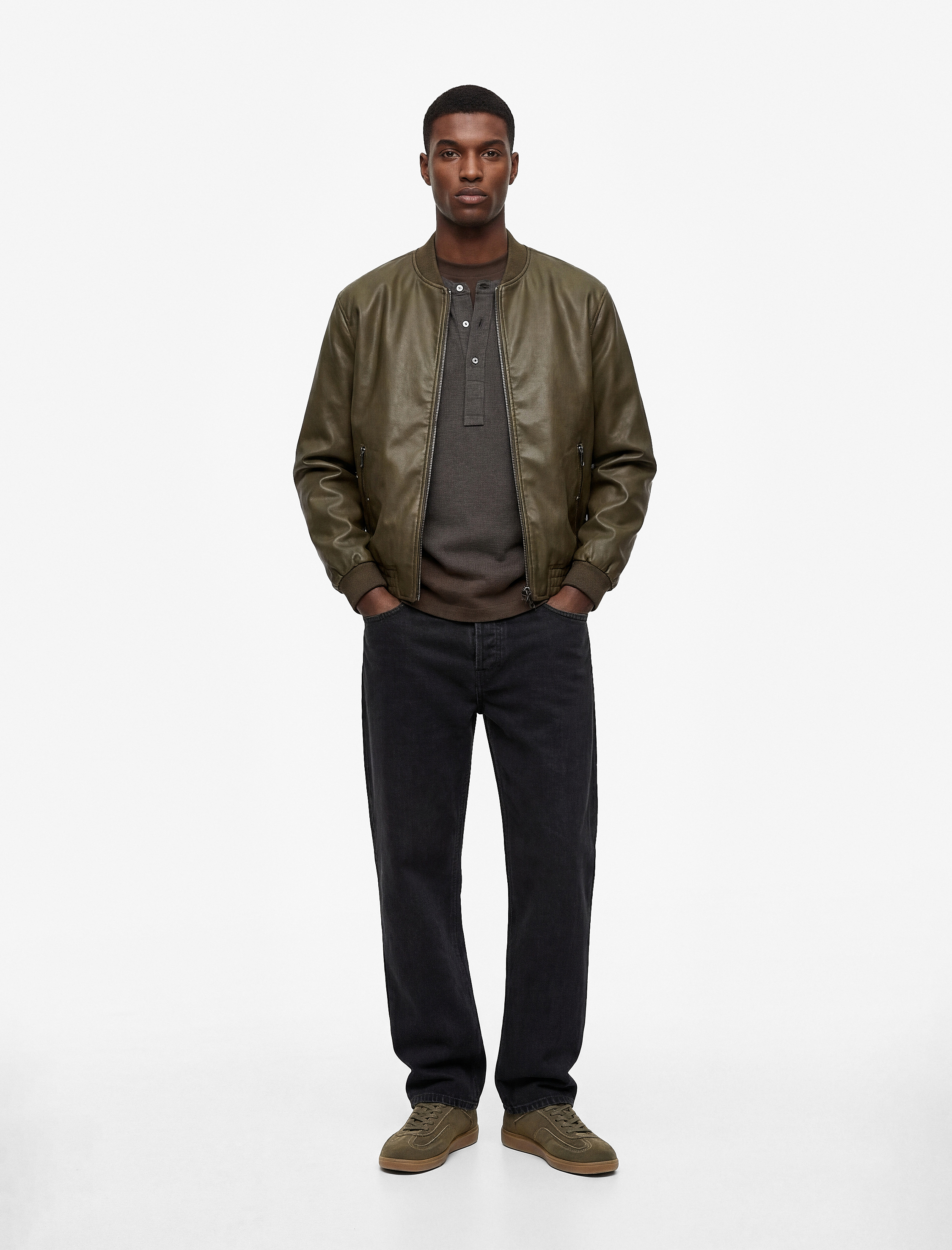   Regular Fit Fermuarlı Cepli Kolej Yaka Bomber Suni Deri Ceket