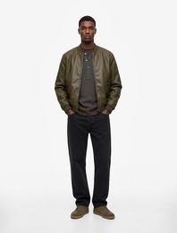 Regular Fit Fermuarlı Cepli Kolej Yaka Bomber Suni Deri Ceket