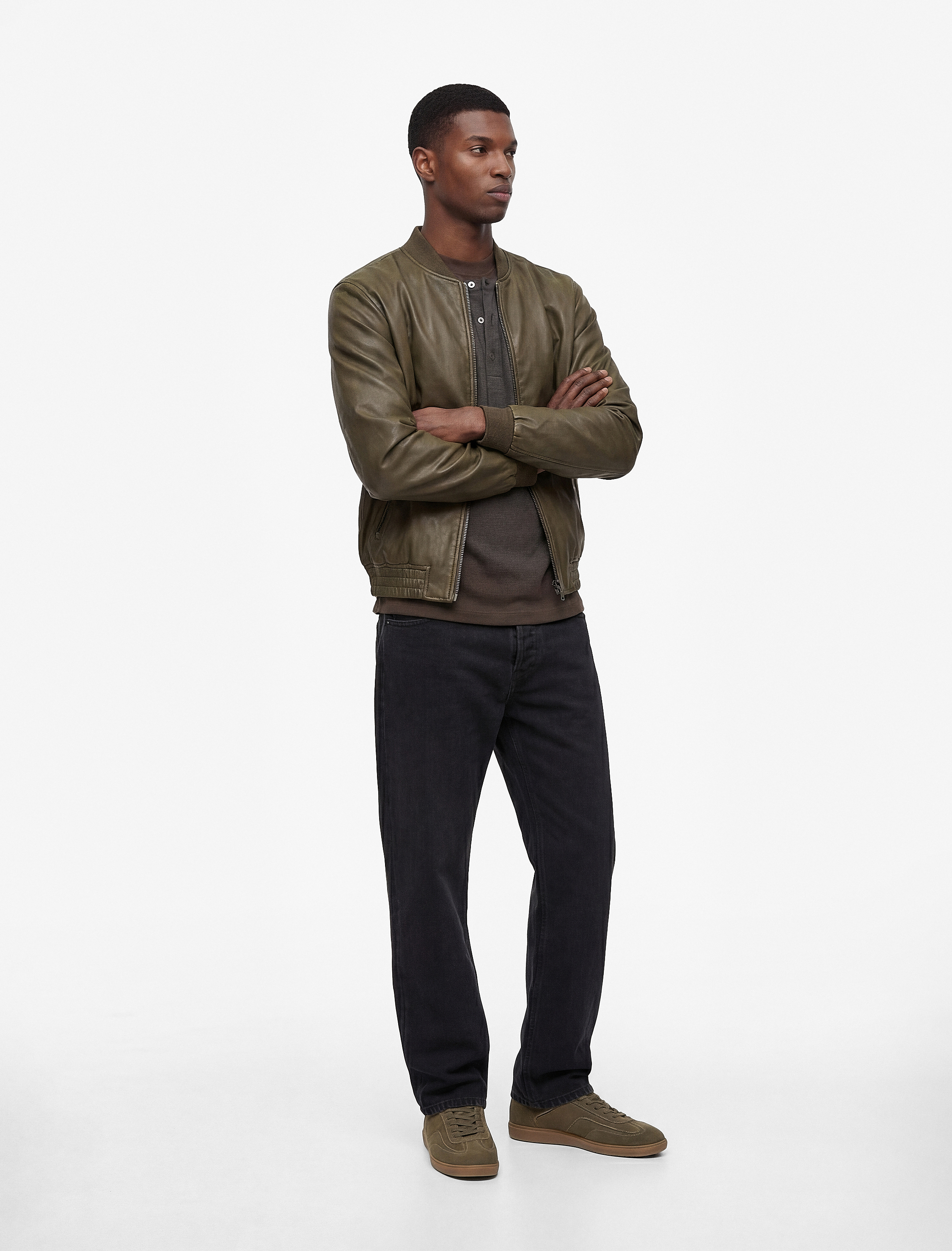   Regular Fit Fermuarlı Cepli Kolej Yaka Bomber Suni Deri Ceket