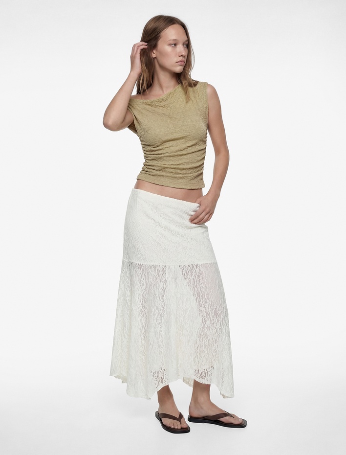  Asimetrik Yaka Kolsuz Slim Fit Drapeli Bluz