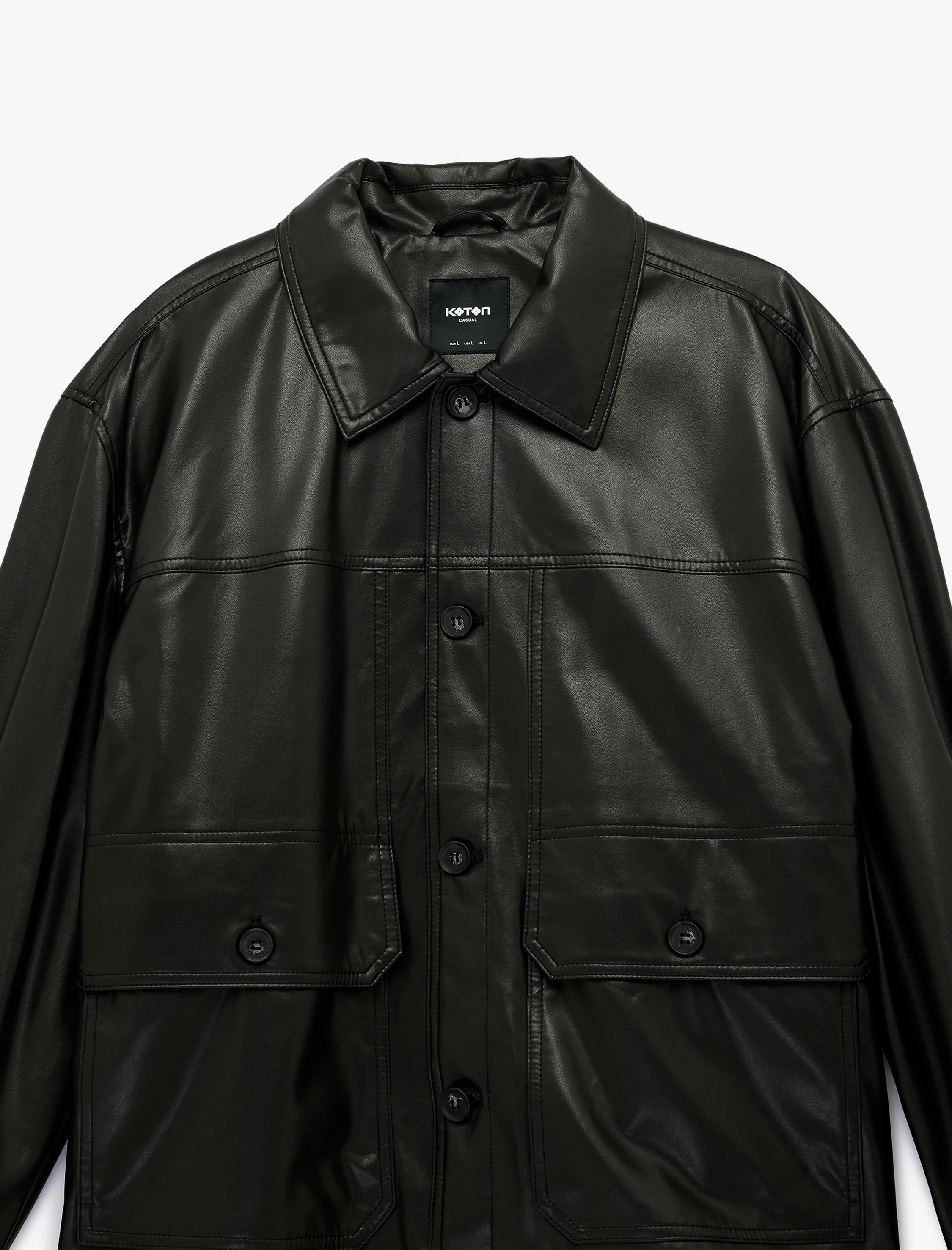   Uzun Kollu Düğmeli Cepli Gömlek Yaka Suni Deri Ceket