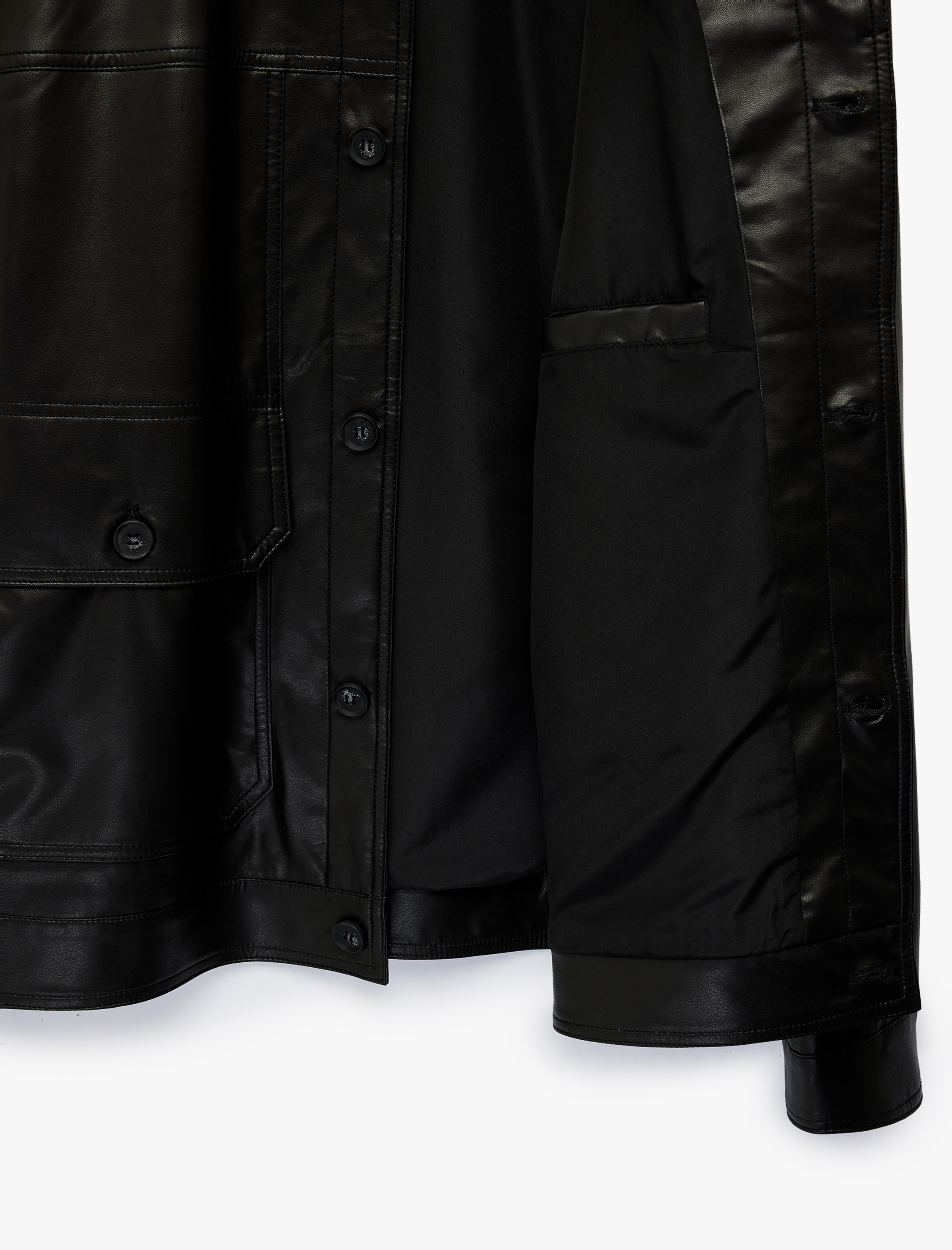   Uzun Kollu Düğmeli Cepli Gömlek Yaka Suni Deri Ceket