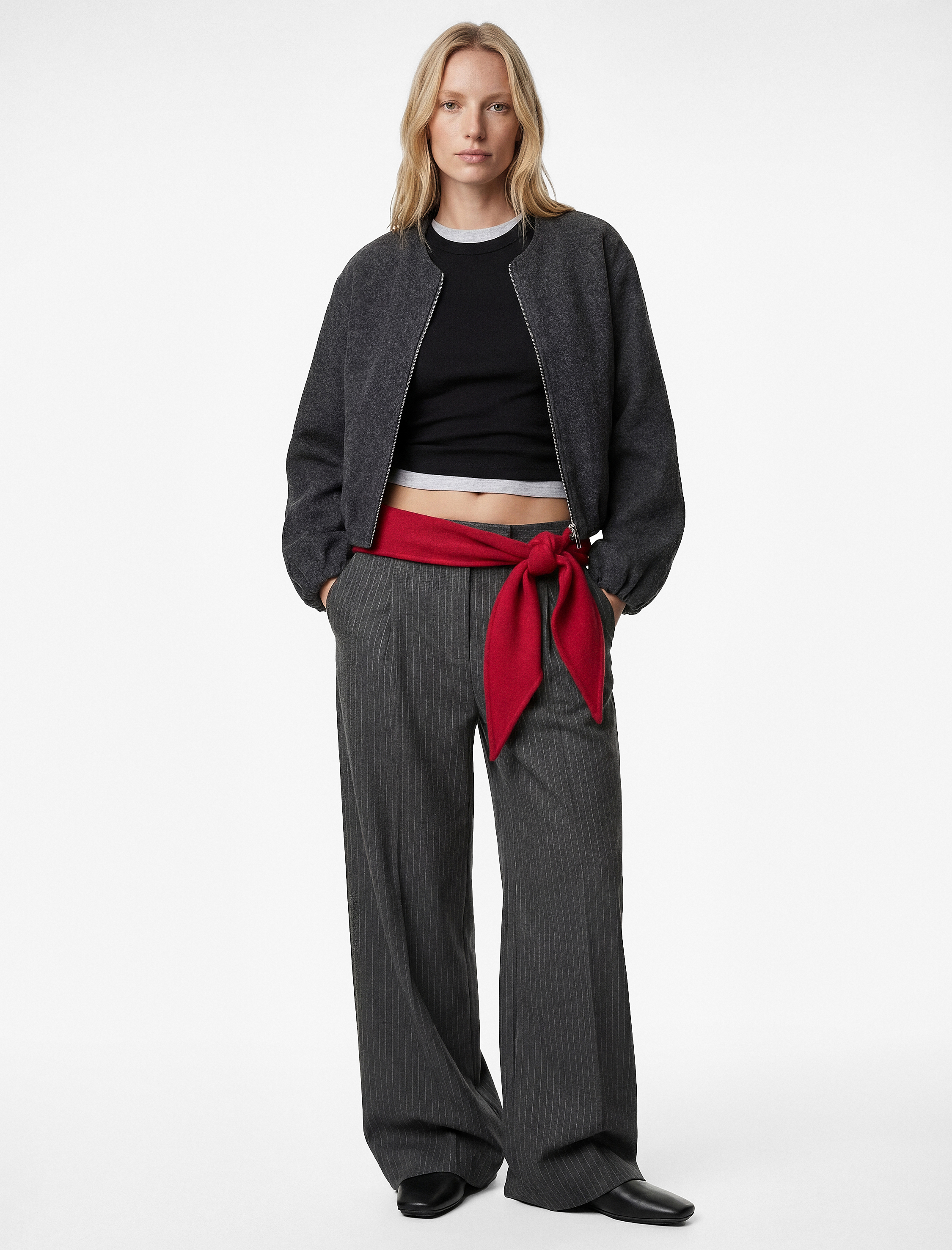   Kaşe Bomber Ceket Crop Bisiklet Yaka Fermuarlı Cepli Uzun Kollu