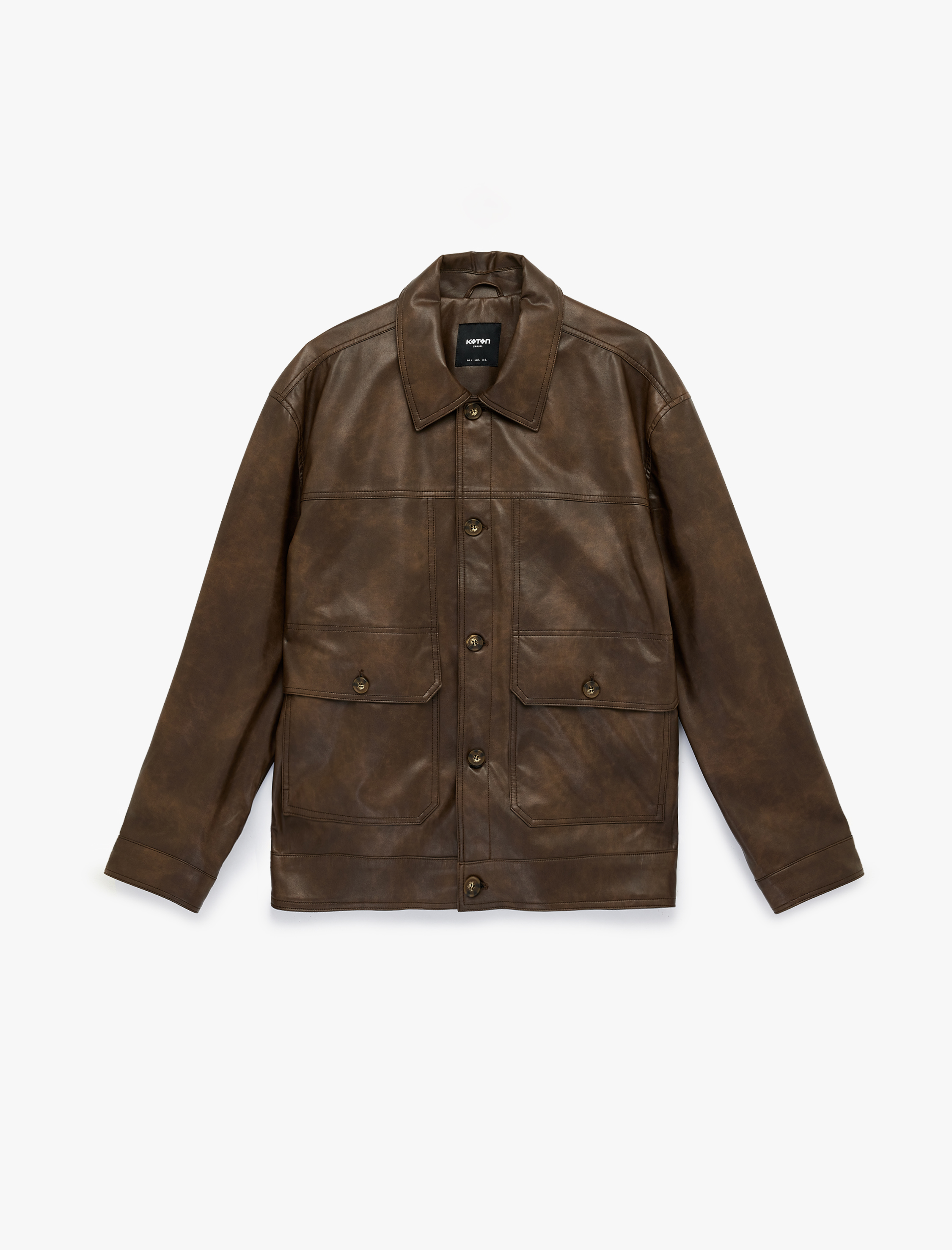   Uzun Kollu Düğmeli Cepli Gömlek Yaka Suni Deri Ceket