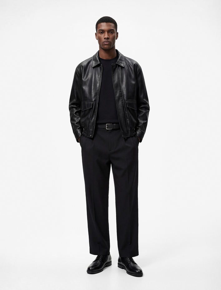  Gömlek Yaka Beli Lastikli Uzun Kollu Kapaklı Cepli Suni Deri Ceket