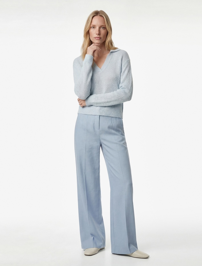  Yüksek Bel Uzun Geniş Paça Kumaş Pantolon