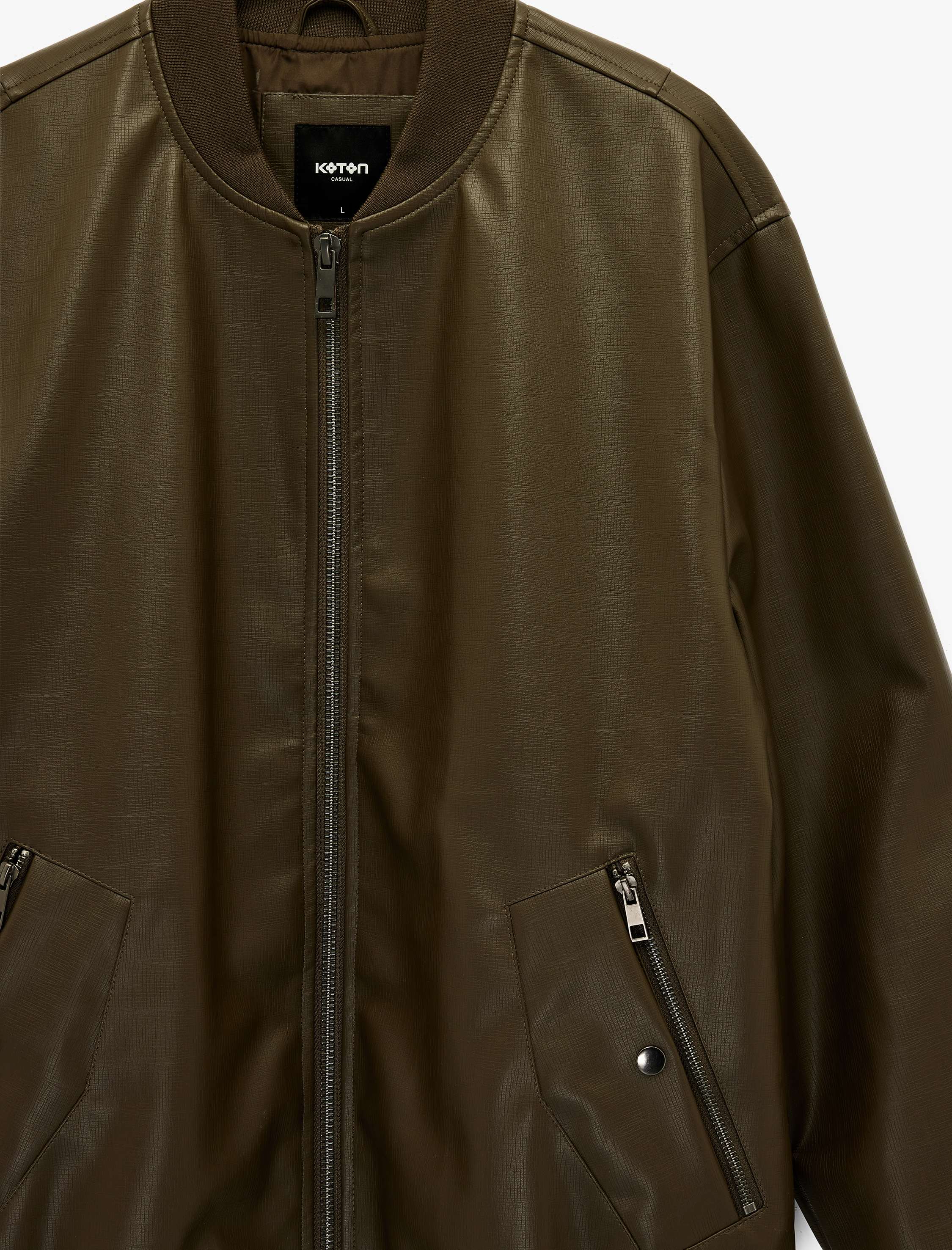   Regular Fit Fermuarlı Cepli Kolej Yaka Bomber Suni Deri Ceket