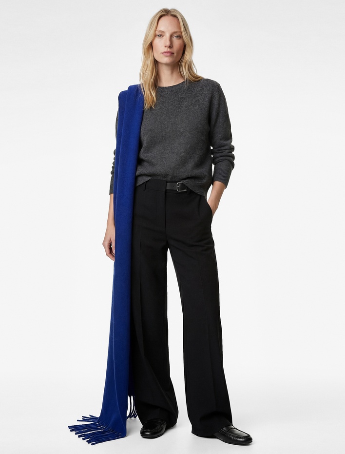  Yarım Kemer Detaylı Pileli Cepli Geniş Paça Kumaş Pantolon