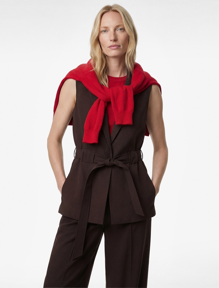  Viskon Karışımlı Kruvaze Yaka Kolsuz Beli Lastikli Kemer Detaylı Yelek