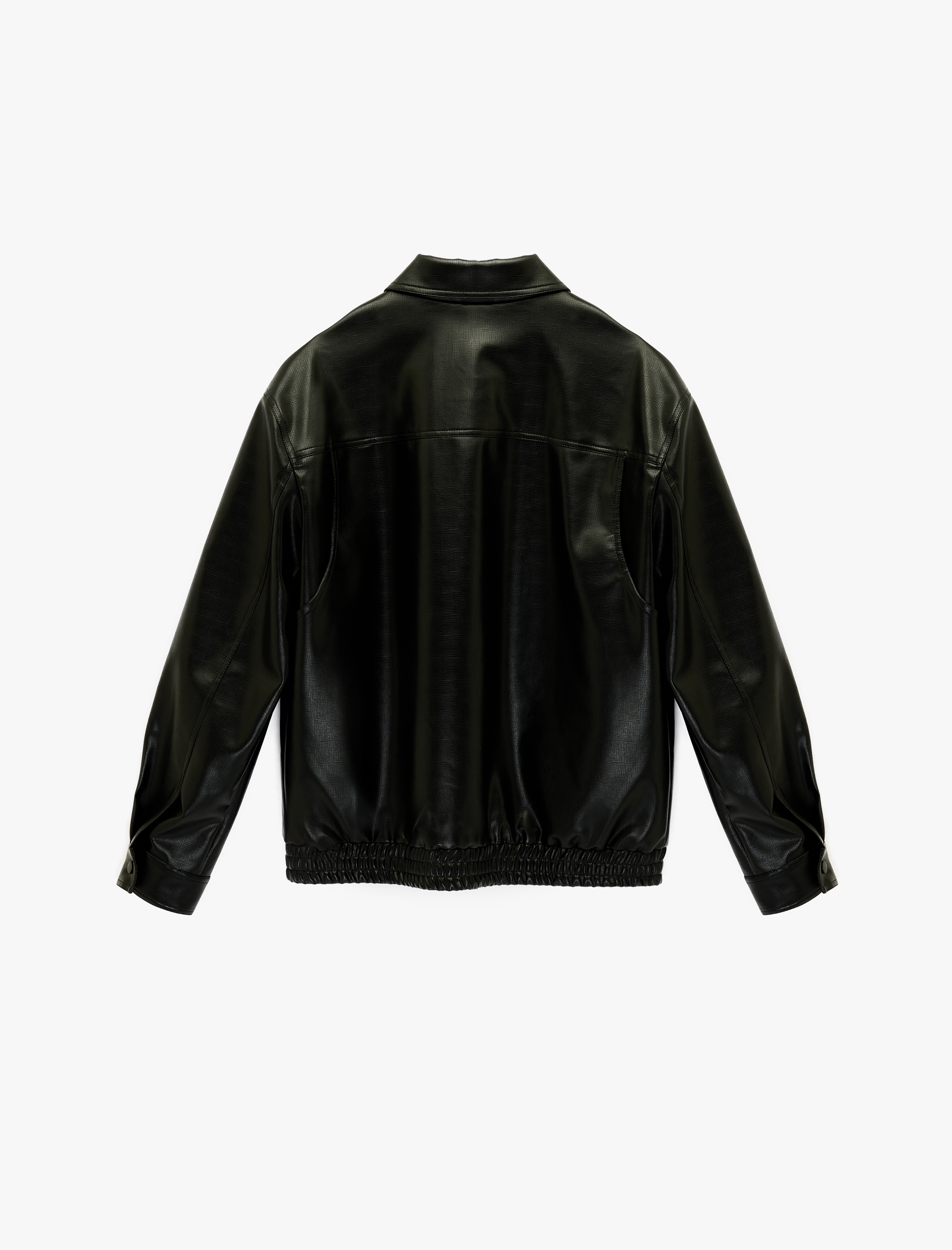   Gömlek Yaka Beli Lastikli Uzun Kollu Kapaklı Cepli Suni Deri Ceket