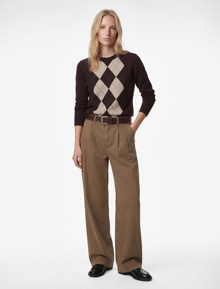  Uzun Kollu Bisiklet Yaka Taşlı Baklava Desenli Triko Kazak