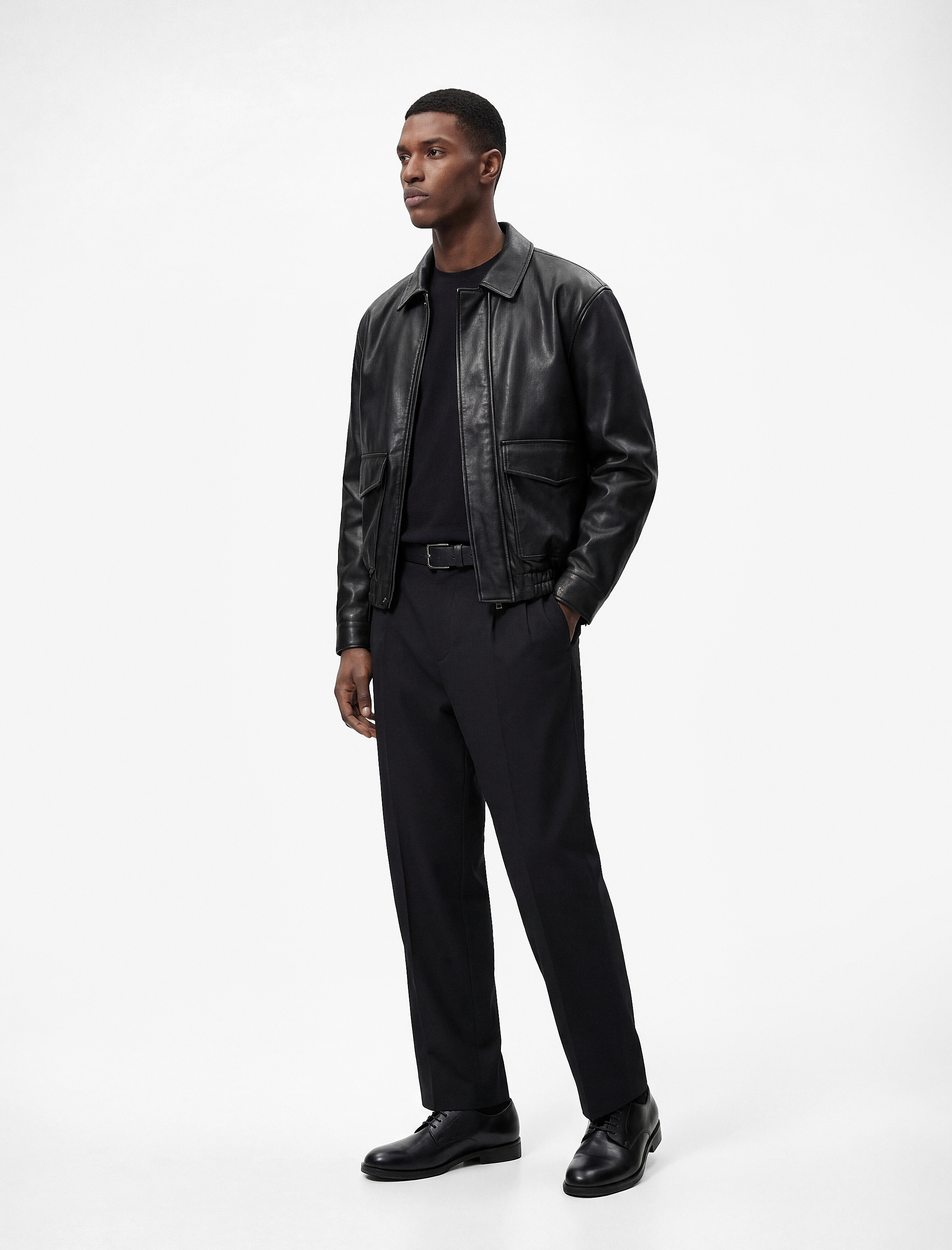   Gömlek Yaka Beli Lastikli Uzun Kollu Kapaklı Cepli Suni Deri Ceket