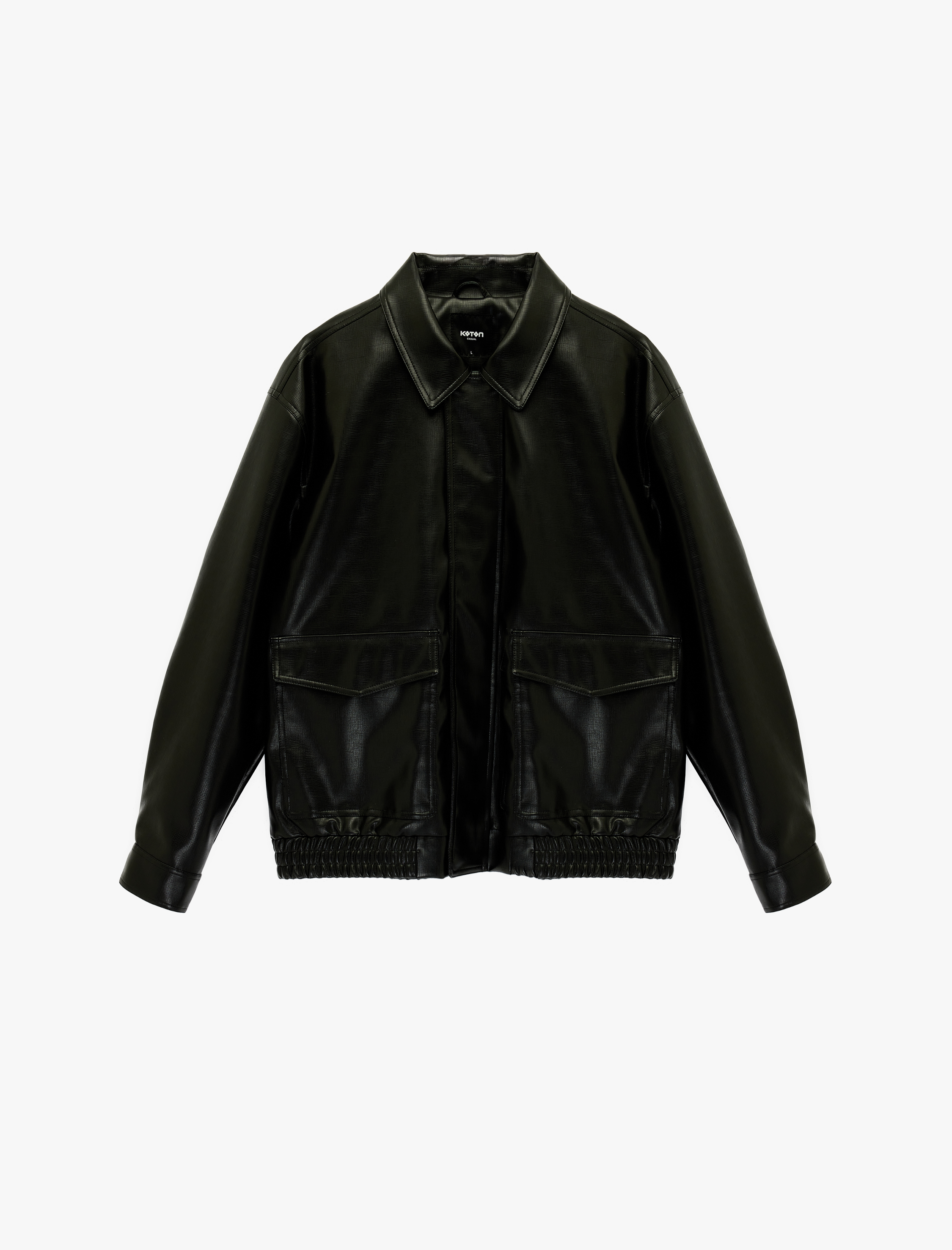   Gömlek Yaka Beli Lastikli Uzun Kollu Kapaklı Cepli Suni Deri Ceket