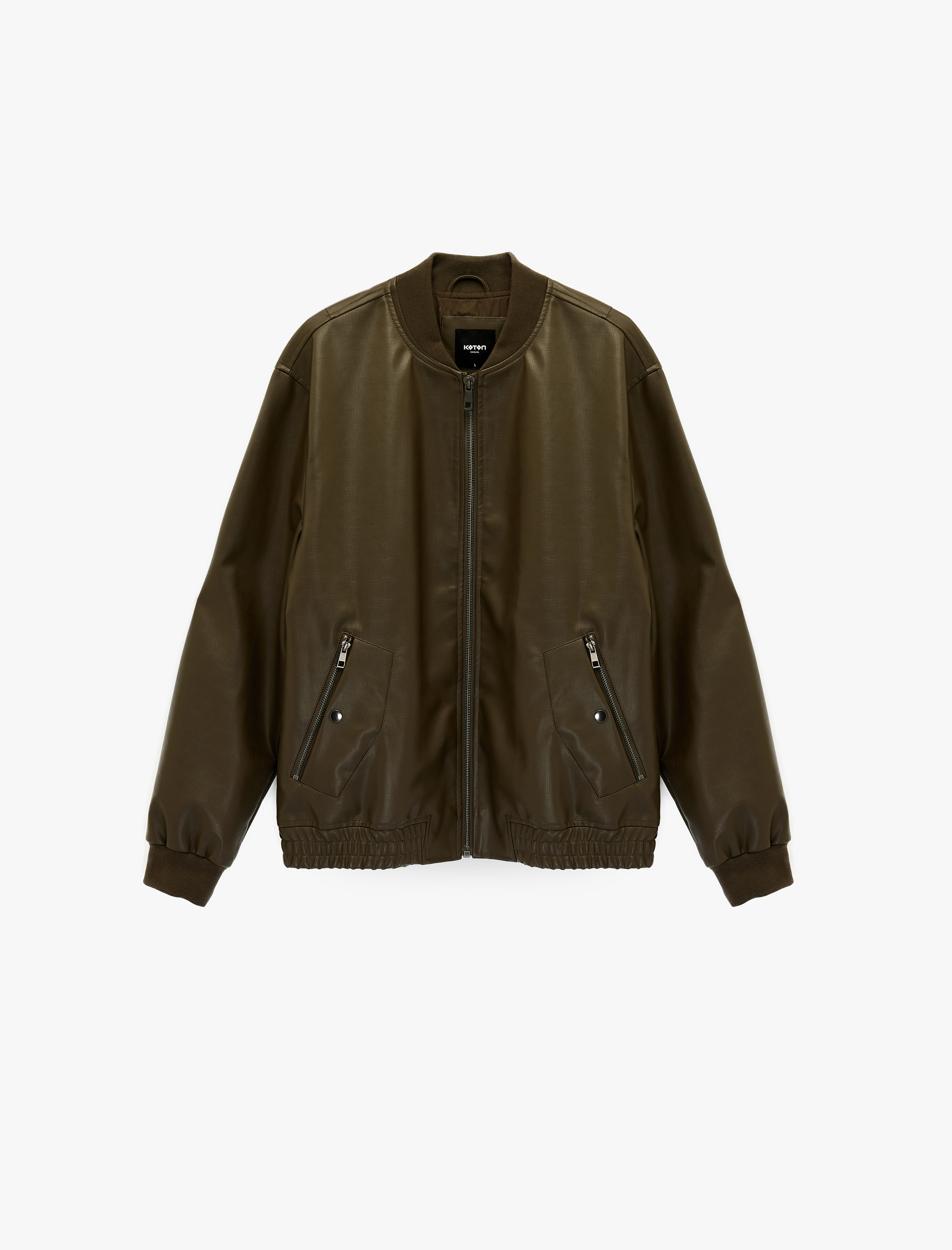   Regular Fit Fermuarlı Cepli Kolej Yaka Bomber Suni Deri Ceket