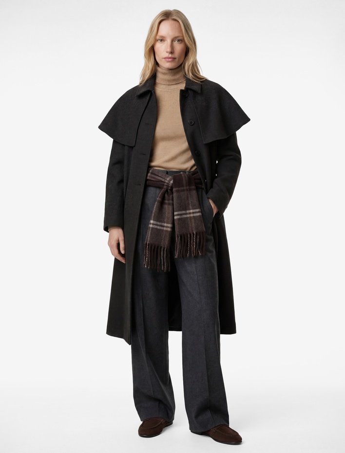  Çıkarılabilir Pelerin Yaka Kaşe Kaban Kemerli Uzun Kollu Düğmeli Cepli