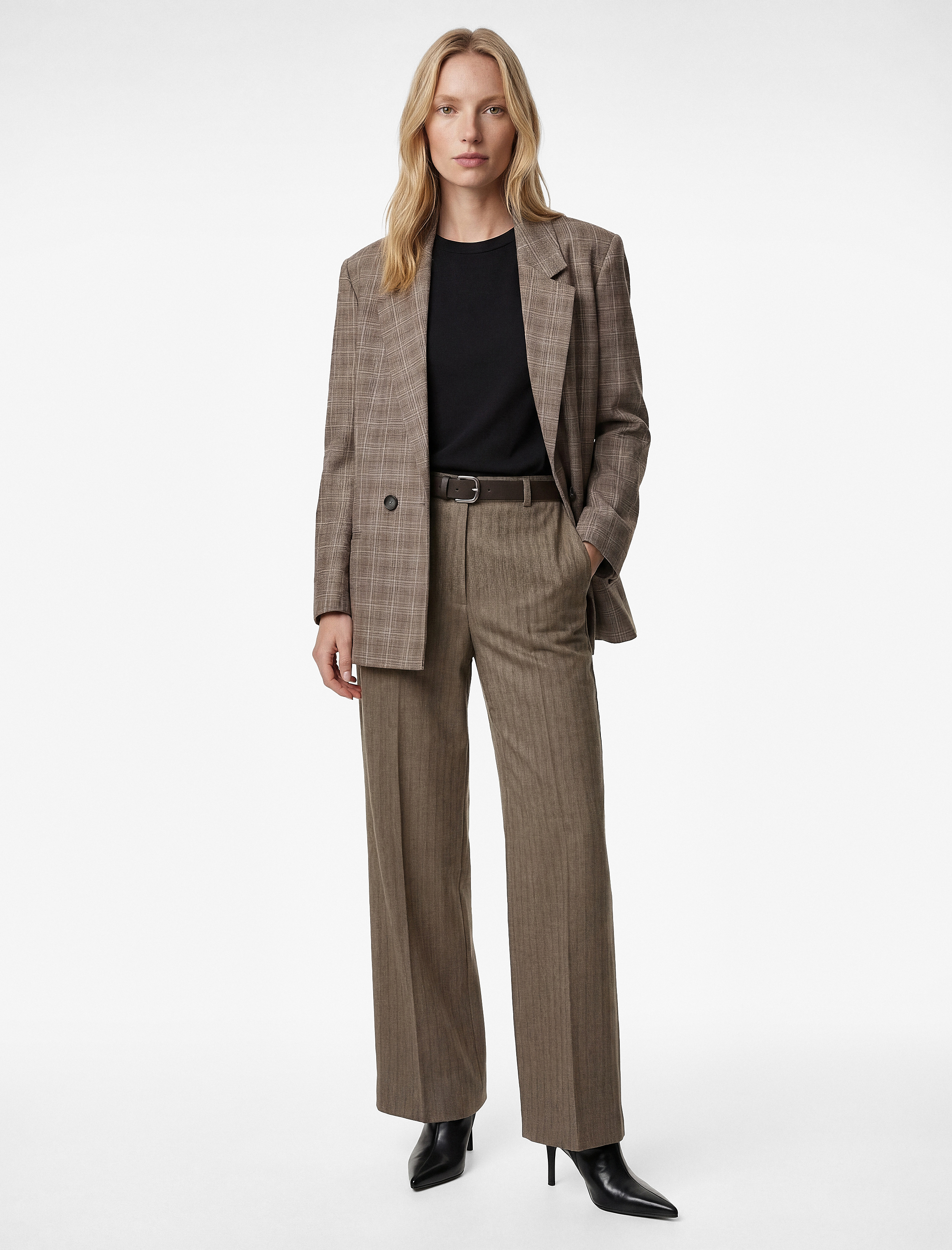   Flanel Kumaş Cepli Kemerli Düz Bol Paça Kumaş Kışlık Pantolon