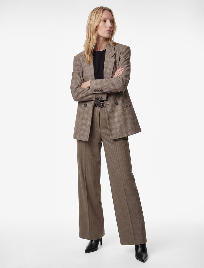  Flanel Kumaş Cepli Kemerli Düz Bol Paça Kumaş Kışlık Pantolon