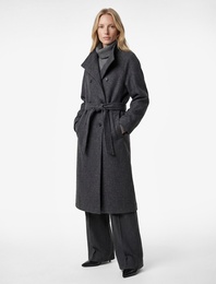 Uzun Kollu Cepli Kruvaze Dik Yaka Kemerli Uzun Kaşe Kaban