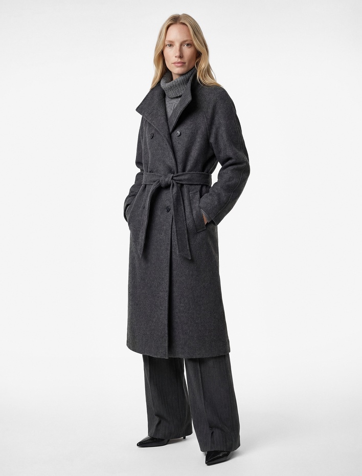  Uzun Kollu Cepli Kruvaze Dik Yaka Kemerli Uzun Kaşe Kaban