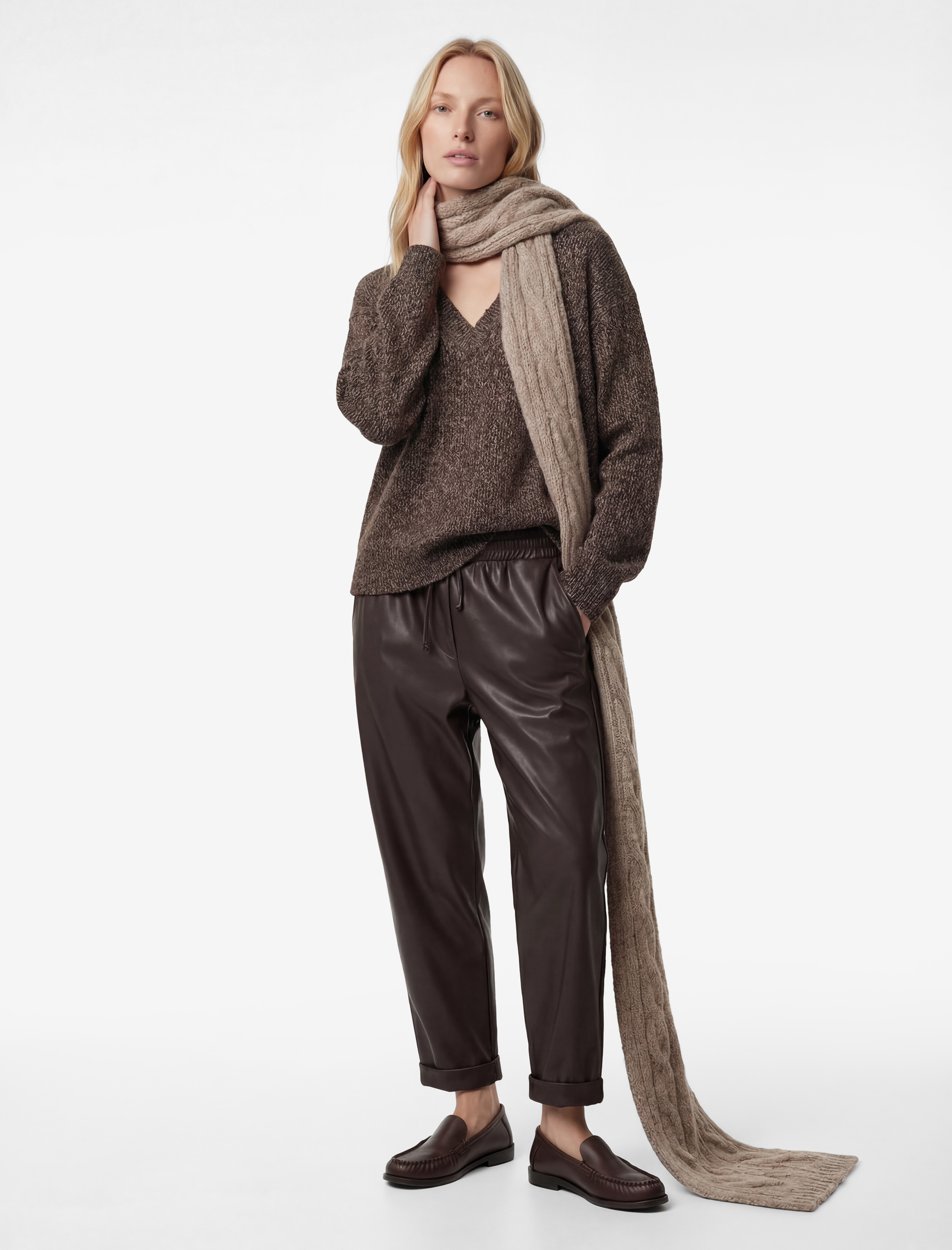   Beli Lastikli Yan Cepli Cigarette Suni Deri Pantolon