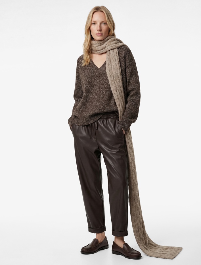  Beli Lastikli Yan Cepli Cigarette Suni Deri Pantolon