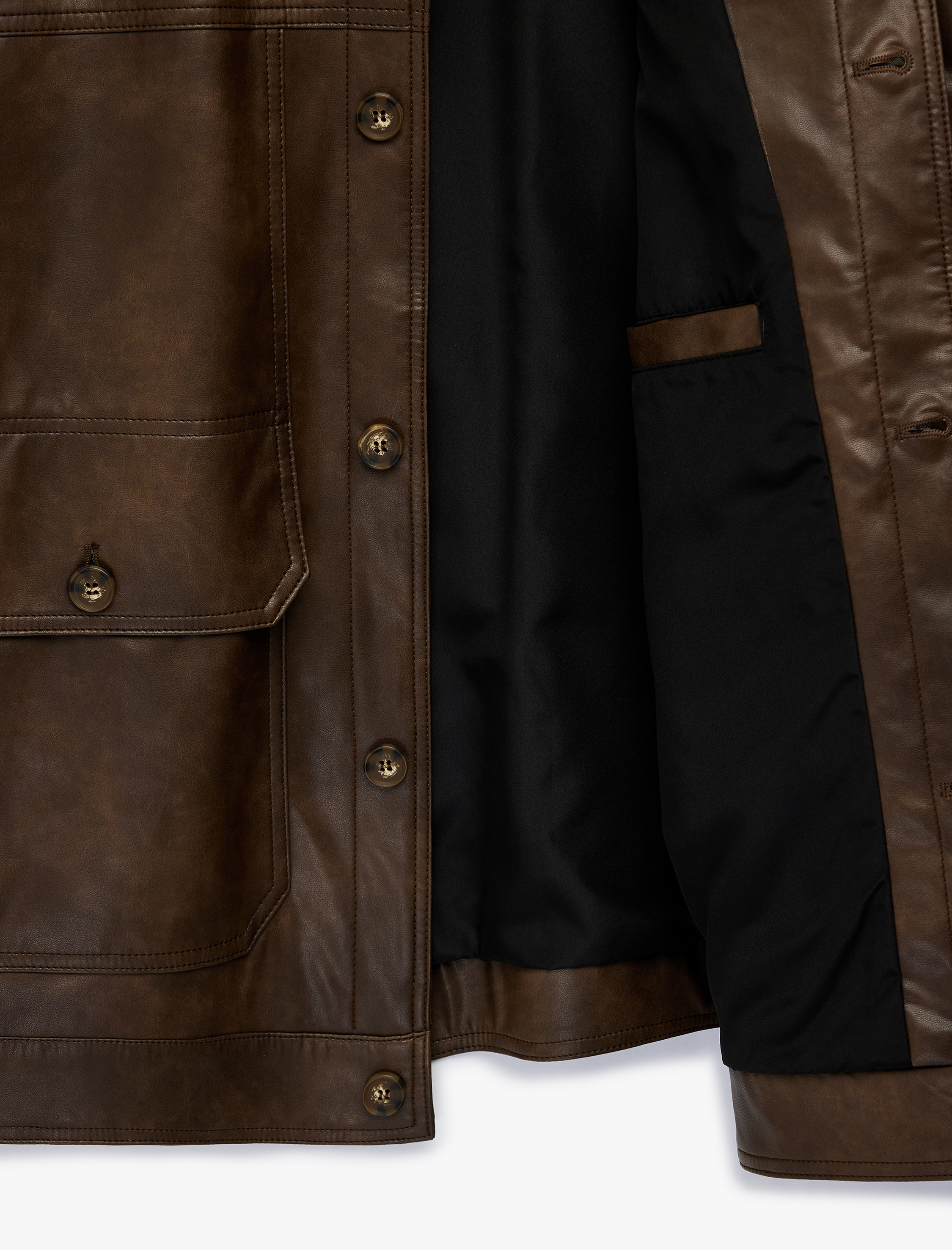   Uzun Kollu Düğmeli Cepli Gömlek Yaka Suni Deri Ceket