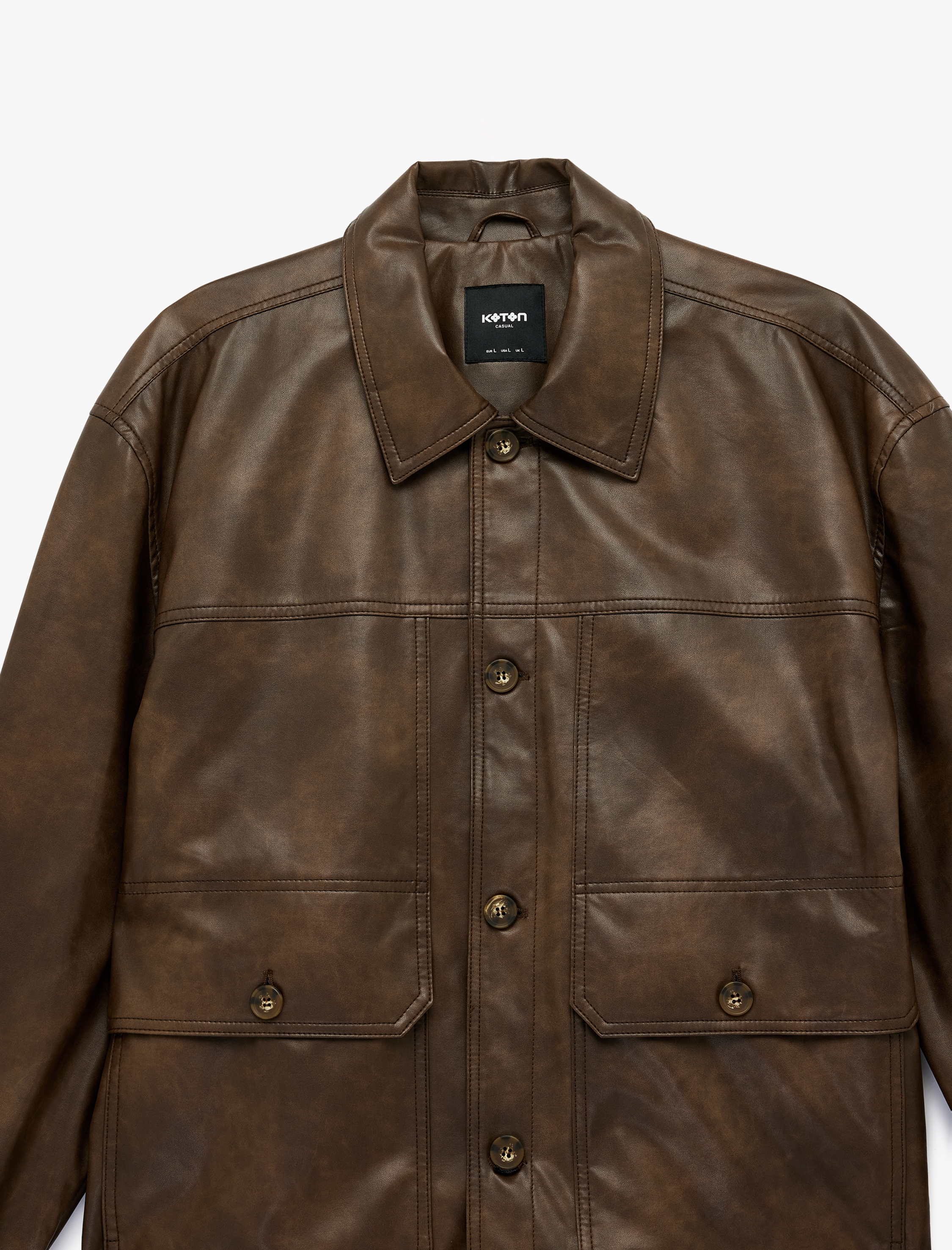   Uzun Kollu Düğmeli Cepli Gömlek Yaka Suni Deri Ceket