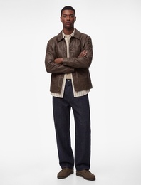 Uzun Kollu Düğmeli Cepli Gömlek Yaka Suni Deri Ceket