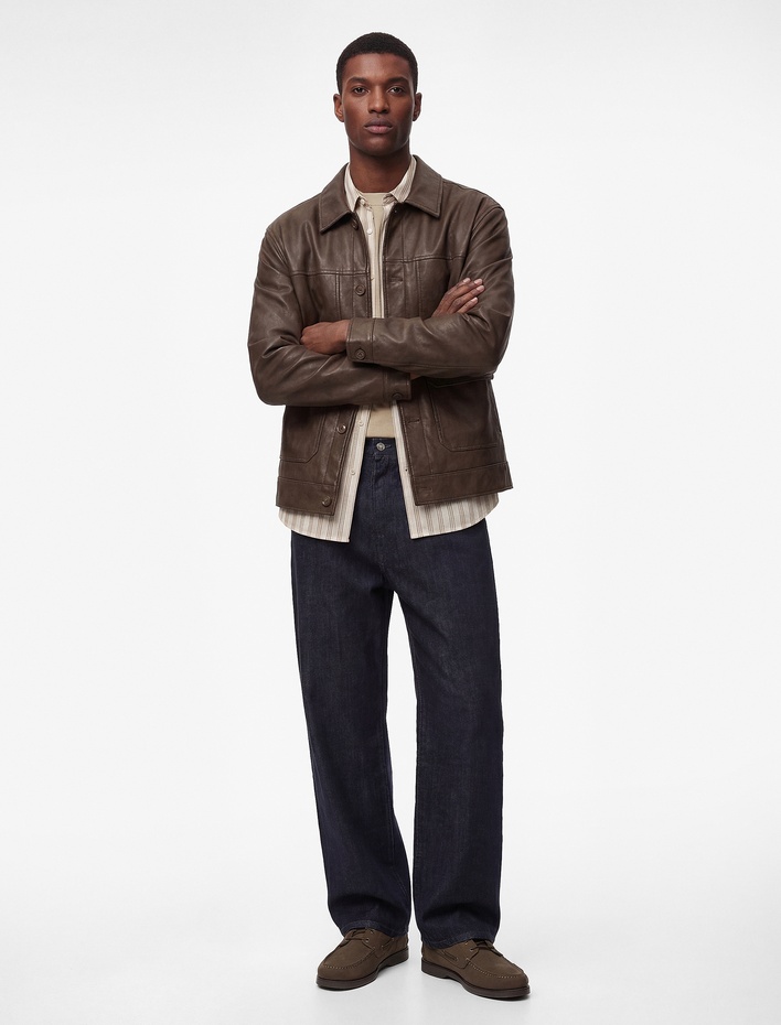  Uzun Kollu Düğmeli Cepli Gömlek Yaka Suni Deri Ceket