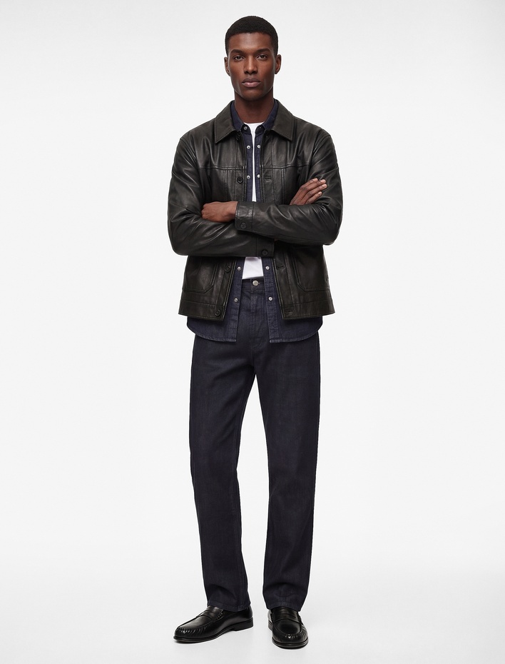  Uzun Kollu Düğmeli Cepli Gömlek Yaka Suni Deri Ceket