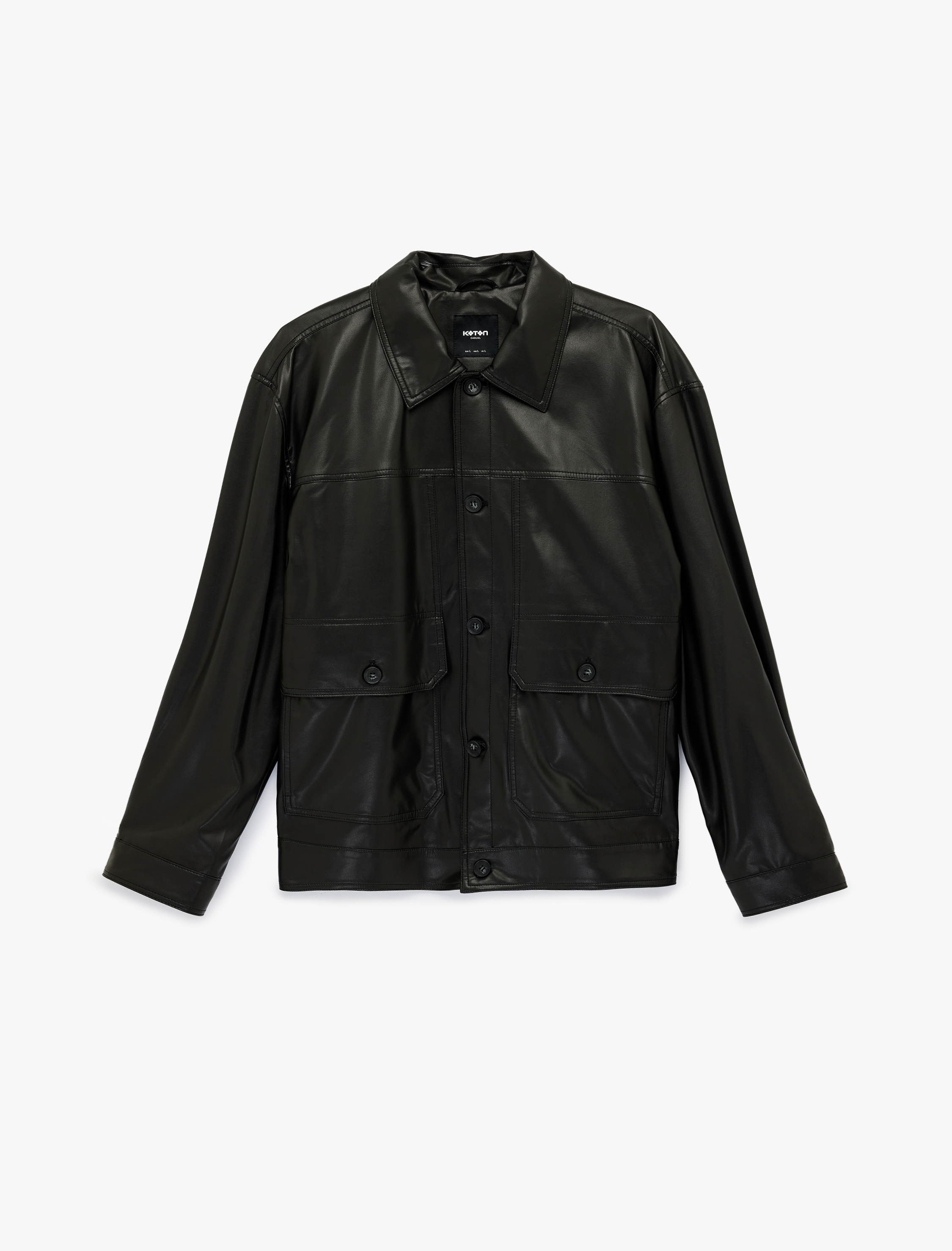   Uzun Kollu Düğmeli Cepli Gömlek Yaka Suni Deri Ceket