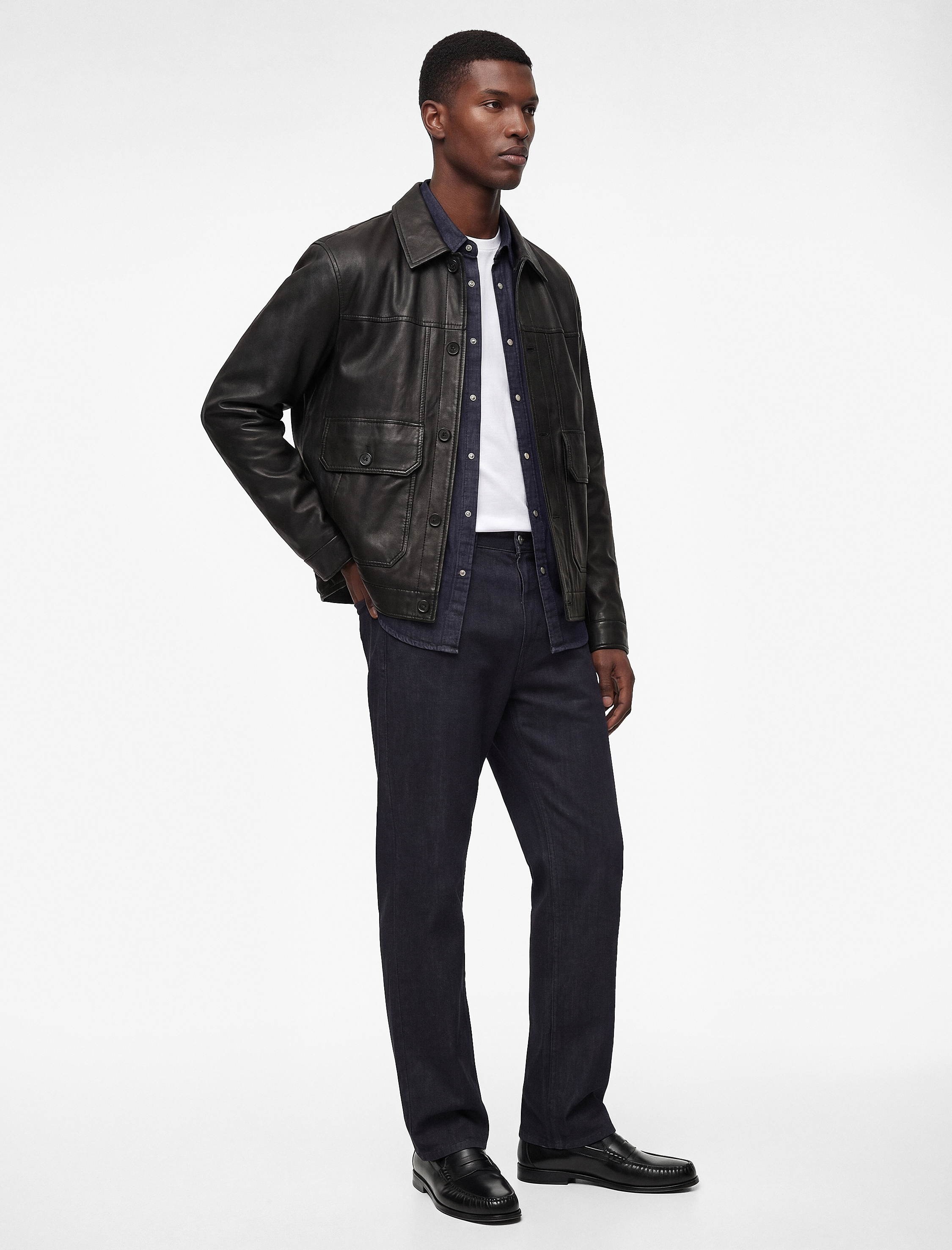   Uzun Kollu Düğmeli Cepli Gömlek Yaka Suni Deri Ceket