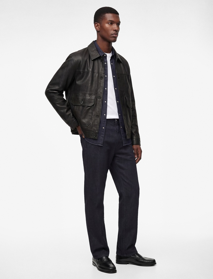  Uzun Kollu Düğmeli Cepli Gömlek Yaka Suni Deri Ceket