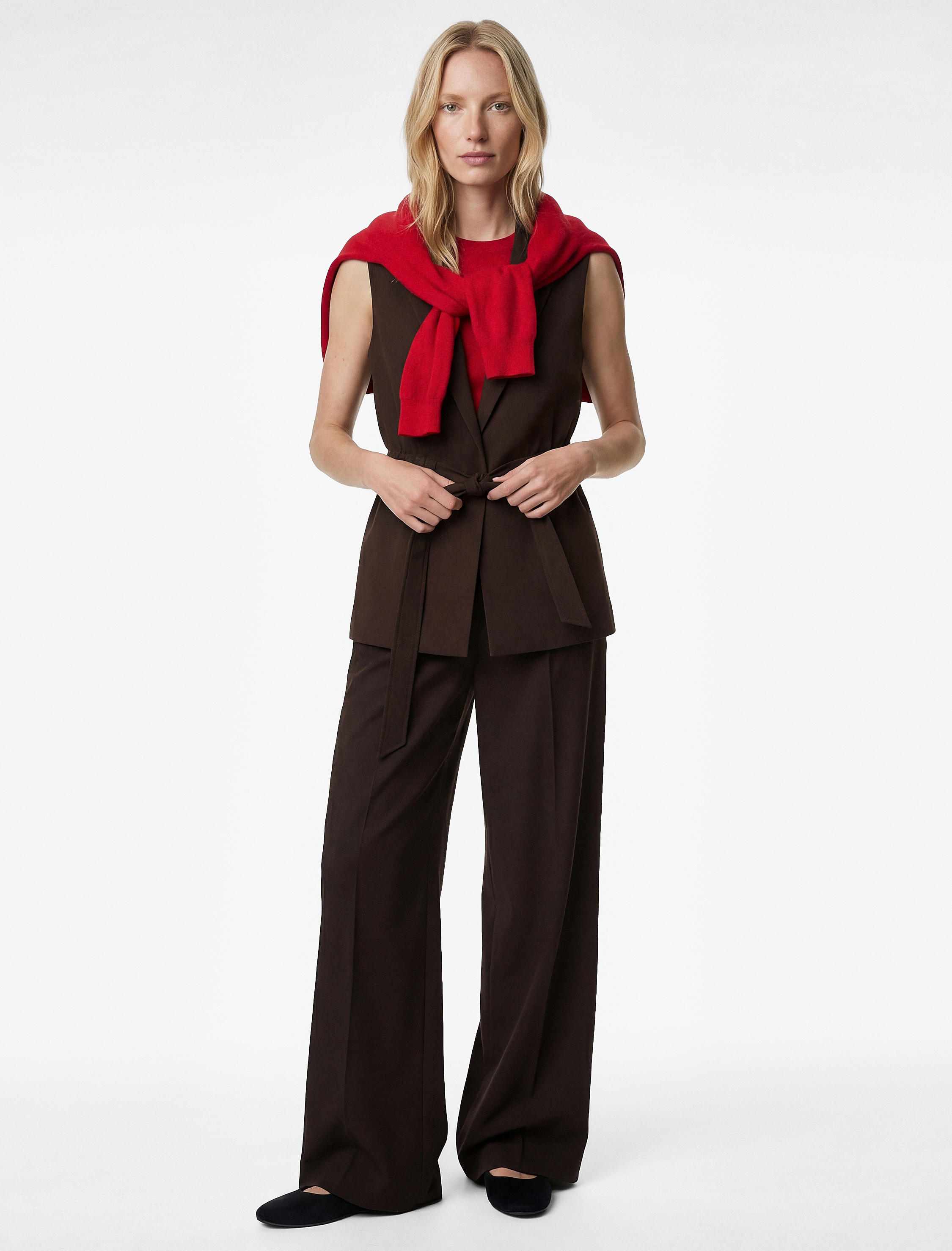   Viskon Karışımlı Kruvaze Yaka Kolsuz Beli Lastikli Kemer Detaylı Yelek