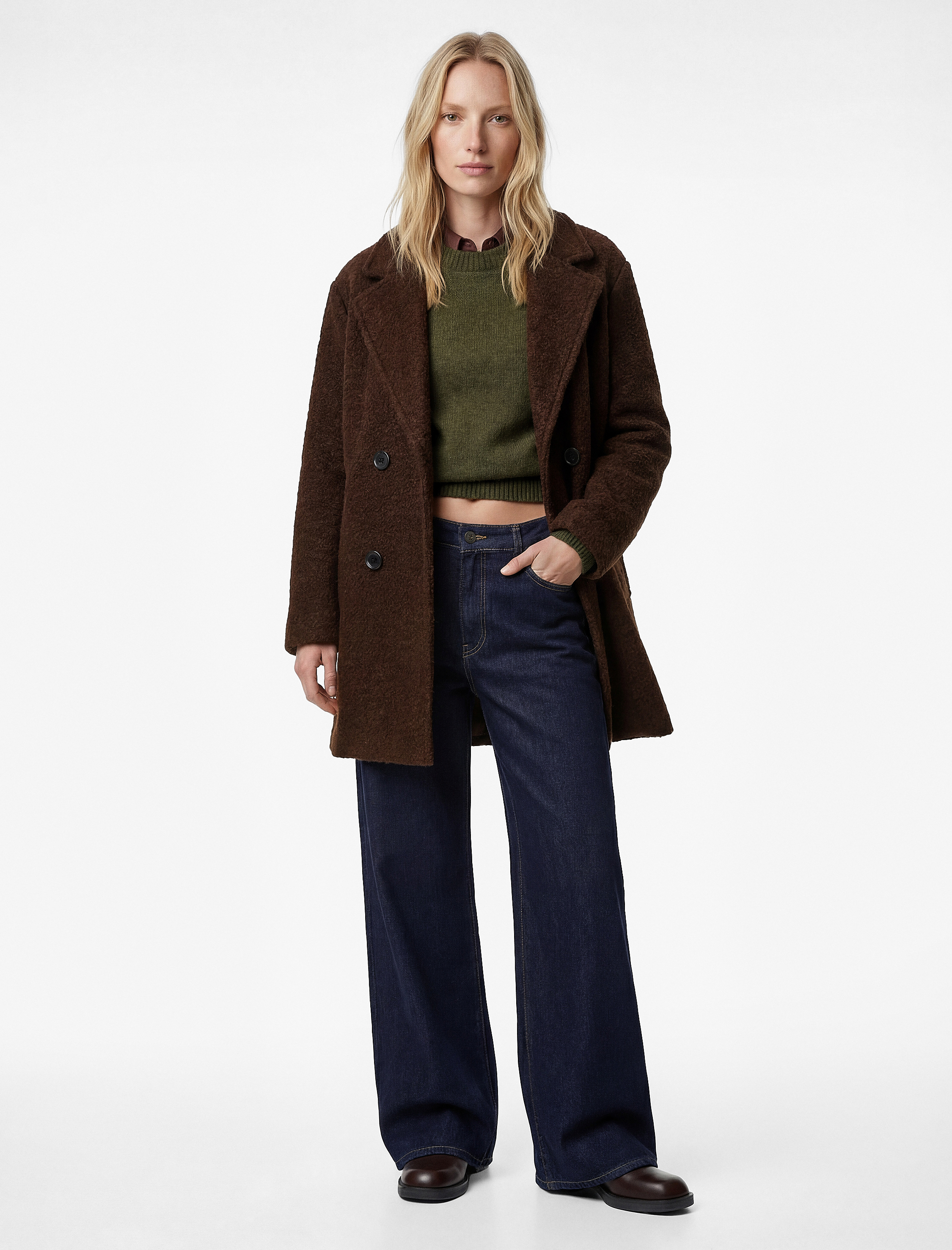   Kruvaze Buklet Kaban Düğmeli Uzun Kollu Cepli