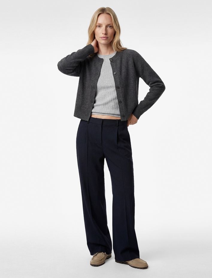  Yüksek Bel Geniş Paça Viskon Karışımlı Çizgili Pantolon