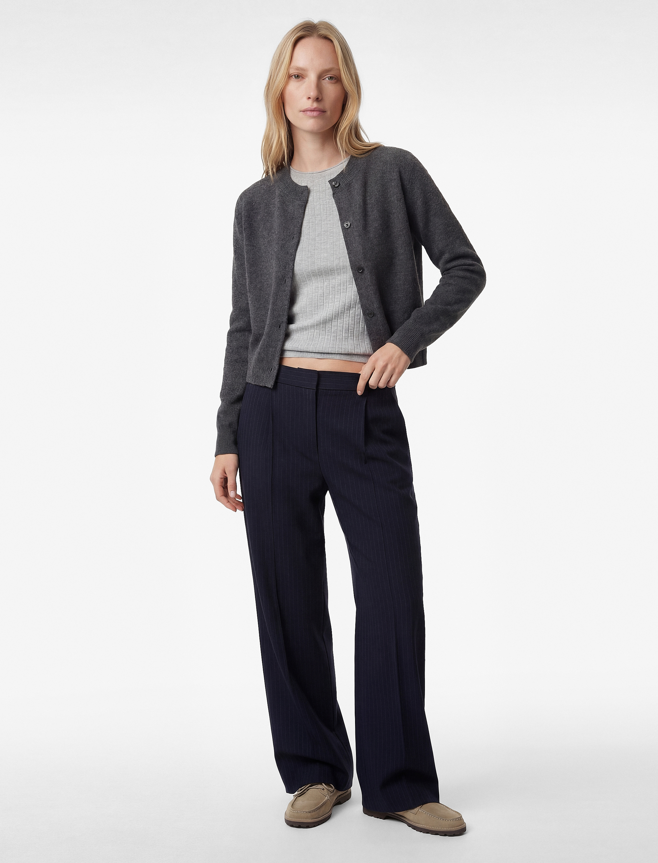   Yüksek Bel Geniş Paça Viskon Karışımlı Çizgili Pantolon