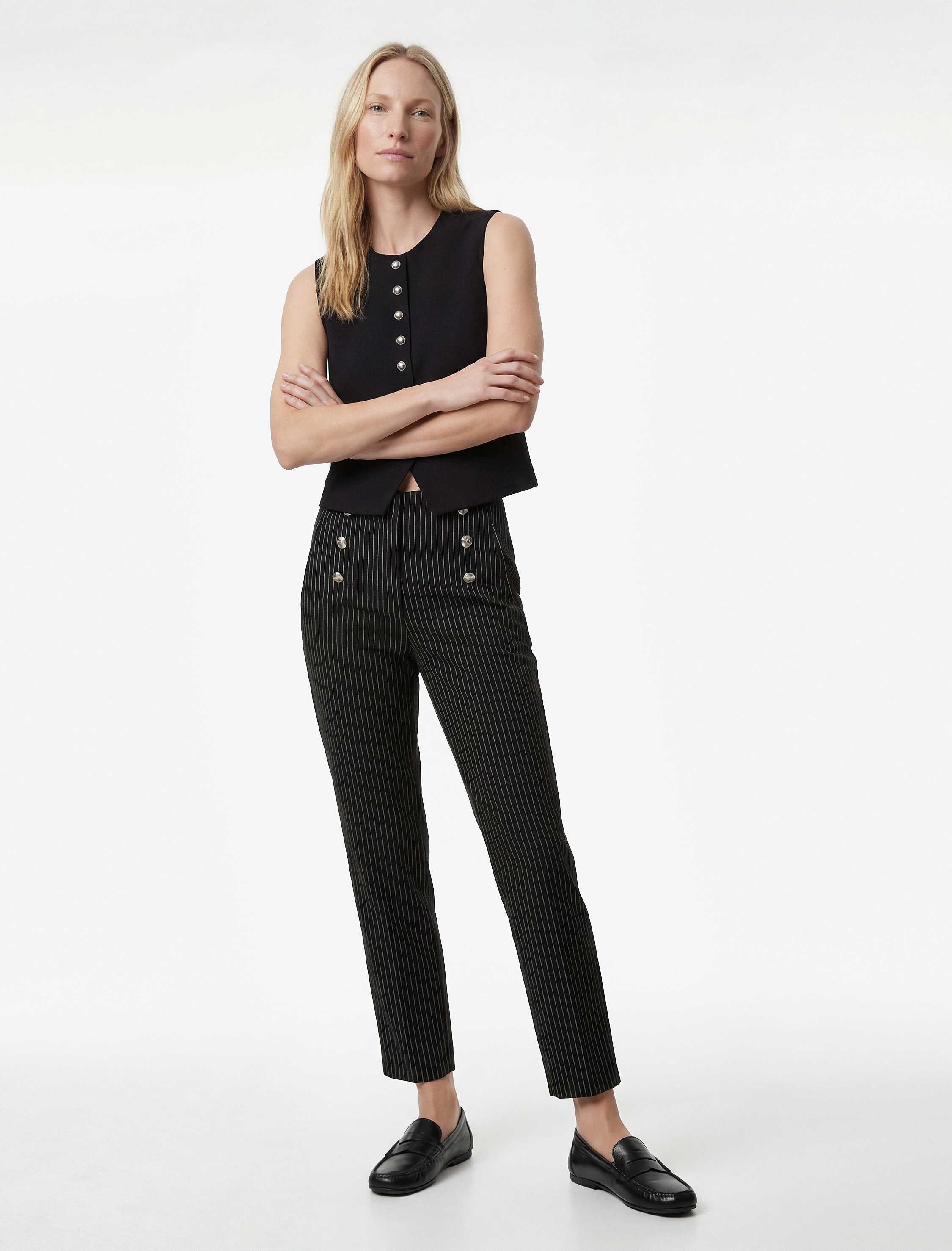   Yüksek Bel Slim Fit Düğmeli Çizgili Cigarette Pantolon